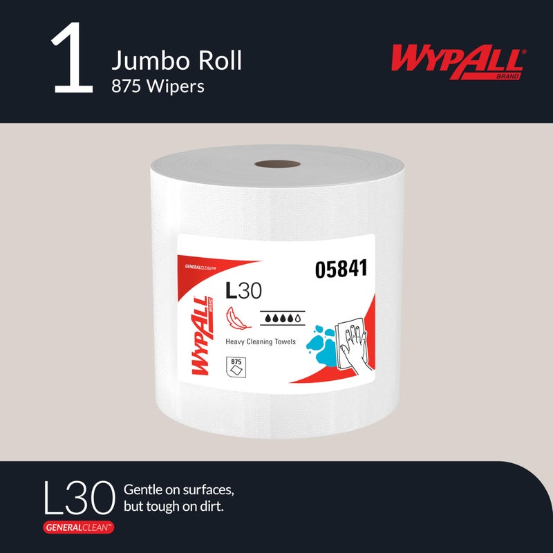 WypAll GeneralClean L30 Cloths Heavy Duty Cleaning Wipes, Jumbo (05841), Strong and Soft Bulk Paper Wipers, White (1 Roll of 875 Sheets) - Image 2